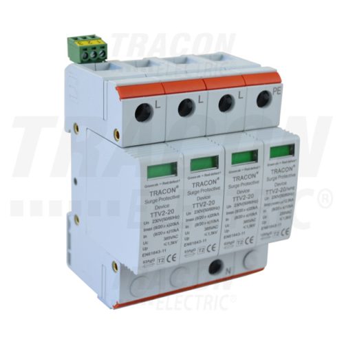 Tracon TTV2-20-3P+N/PE AC túlfeszültség levezető, 2-es típus, cserélhető betéttel 230/400 V, 50 Hz, 10/20 kA (8/20 us), 4P