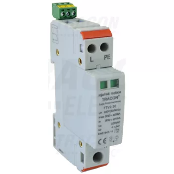   Tracon TTV2-30-1P+N/PE AC túlfeszültség levezető, 2-es típus,1mod.,cserélhető betét 230 V, 50 Hz, 15/30 kA (8/20 us), 1P+N/PE