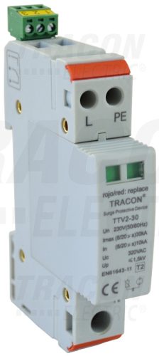 Tracon TTV2-30-1P+N/PE AC túlfeszültség levezető, 2-es típus,1mod.,cserélhető betét 230 V, 50 Hz, 15/30 kA (8/20 us), 1P+N/PE