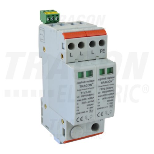 Tracon TTV2-30-3P+N-PE AC túlfeszültség levezető, 2-es típus,2mod.,cserélhető betét 230/400 V, 50 Hz, 15/30 kA (8/20 us), 3P+N/PE