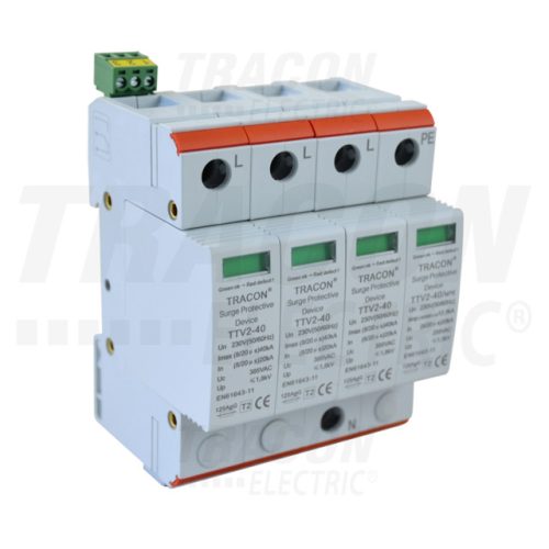 Tracon TTV2-40-3P+N/PE AC túlfeszültség levezető, 2-es típus, cserélhető betéttel 230/400 V, 50 Hz, 20/40 kA (8/20 us), 3P+N/PE