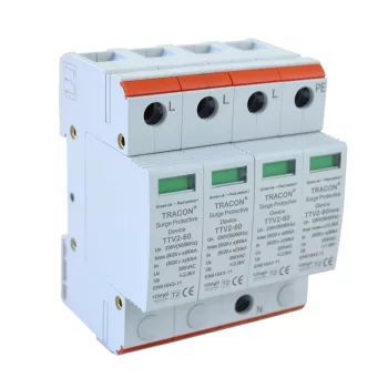   Tracon TTV2-60-3P+N/PE AC túlfeszültség levezető, 2-es típus, cserélhető betéttel 230/400 V, 50 Hz, 30/60 kA (8/20 us), 3P+N/PE