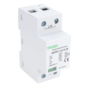   Tracon ESPD1+2+3-25-1P T1+T2+T3 AC típusú túlfeszültség levezető, egybeépített Uc:275V; Iimp:25kA; In:25kA; Uoc:20kV; Up:1,3kV; 1P