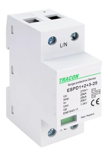 Tracon ESPD1+2+3-25-1P T1+T2+T3 AC típusú túlfeszültség levezető, egybeépített Uc:275V; Iimp:25kA; In:25kA; Uoc:20kV; Up:1,3kV; 1P