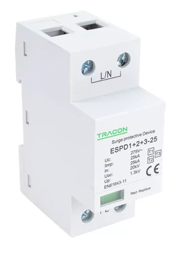 Tracon ESPD1+2+3-25-1P T1+T2+T3 AC típusú túlfeszültség levezető, egybeépített Uc:275V; Iimp:25kA; In:25kA; Uoc:20kV; Up:1,3kV; 1P