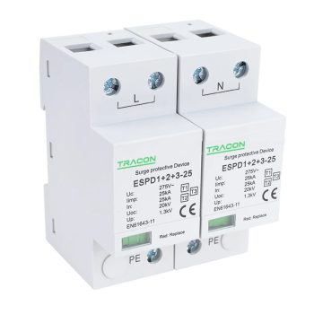   Tracon ESPD1+2+3-25-2P T1+T2+T3 AC típusú túlfeszültség levezető, egybeépített Uc:275V; Iimp:25kA; In:25kA; Uoc:20kV; Up:1,3kV; 2P