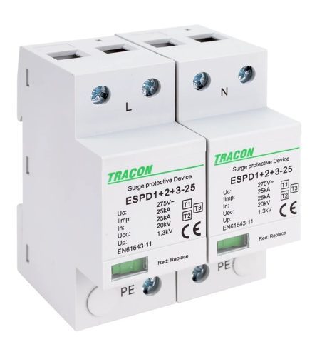 Tracon ESPD1+2+3-25-2P T1+T2+T3 AC típusú túlfeszültség levezető, egybeépített Uc:275V; Iimp:25kA; In:25kA; Uoc:20kV; Up:1,3kV; 2P