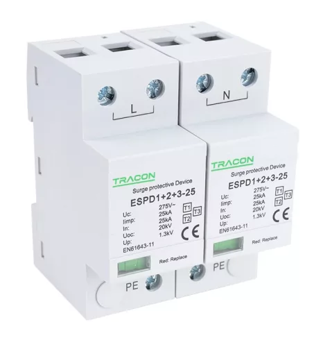 Tracon ESPD1+2+3-25-2P T1+T2+T3 AC típusú túlfeszültség levezető, egybeépített Uc:275V; Iimp:25kA; In:25kA; Uoc:20kV; Up:1,3kV; 2P