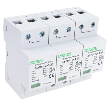   Tracon ESPD1+2+3-25-3P T1+T2+T3 AC típusú túlfeszültség levezető, egybeépített Uc:275V; Iimp:25kA; In:25kA; Uoc:20kV; Up:1,3kV; 3P