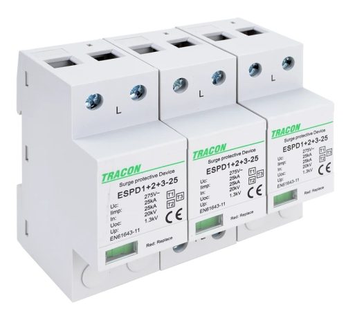 Tracon ESPD1+2+3-25-3P T1+T2+T3 AC típusú túlfeszültség levezető, egybeépített Uc:275V; Iimp:25kA; In:25kA; Uoc:20kV; Up:1,3kV; 3P