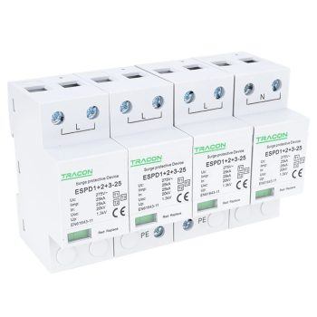   Tracon ESPD1+2+3-25-4P T1+T2+T3 AC típusú túlfeszültség levezető, egybeépített Uc:275V; Iimp:25kA; In:25kA; Uoc:20kV; Up:1,3kV; 4P