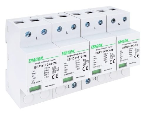 Tracon ESPD1+2+3-25-4P T1+T2+T3 AC típusú túlfeszültség levezető, egybeépített Uc:275V; Iimp:25kA; In:25kA; Uoc:20kV; Up:1,3kV; 4P