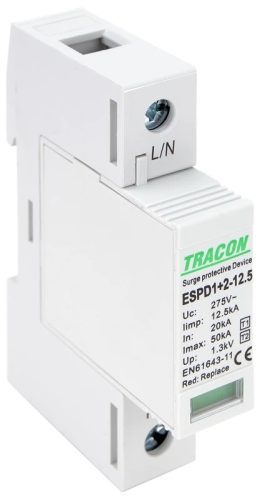 Tracon ESPD1+2-12.5-1P T1+T2 AC típusú túlfeszültség levezető, cserélhető betéttel Uc:275V; Iimp:12,5kA; In:20kA; Imax:50kA; Up:1,3kV; 1P