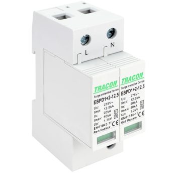   Tracon ESPD1+2-12.5-2P T1+T2 AC típusú túlfeszültség levezető, cserélhető betéttel Uc:275V; Iimp:12,5kA; In:20kA; Imax:50kA; Up:1,3kV; 2P