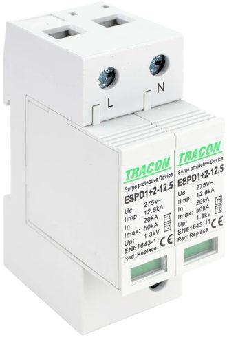 Tracon ESPD1+2-12.5-2P T1+T2 AC típusú túlfeszültség levezető, cserélhető betéttel Uc:275V; Iimp:12,5kA; In:20kA; Imax:50kA; Up:1,3kV; 2P