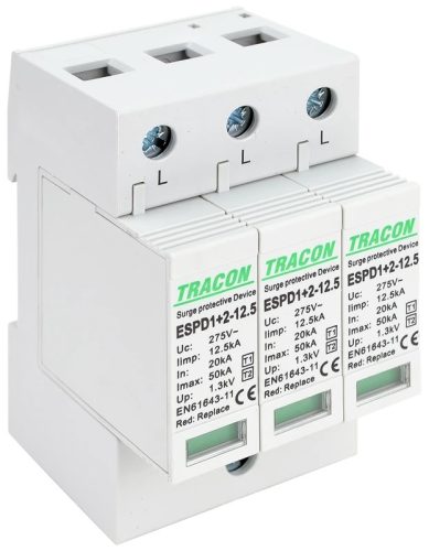 Tracon ESPD1+2-12.5-3P T1+T2 AC típusú túlfeszültség levezető, cserélhető betéttel Uc:275V; Iimp:12,5kA; In:20kA; Imax:50kA; Up:1,3kV; 3P