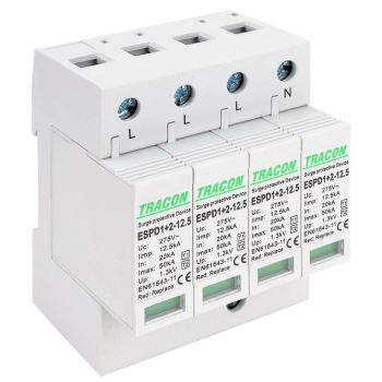   Tracon ESPD1+2-12.5-4P T1+T2 AC típusú túlfeszültség levezető, cserélhető betéttel Uc:275V; Iimp:12,5kA; In:20kA; Imax:50kA; Up:1,3kV; 4P