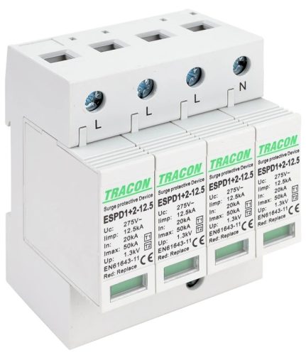 Tracon ESPD1+2-12.5-4P T1+T2 AC típusú túlfeszültség levezető, cserélhető betéttel Uc:275V; Iimp:12,5kA; In:20kA; Imax:50kA; Up:1,3kV; 4P