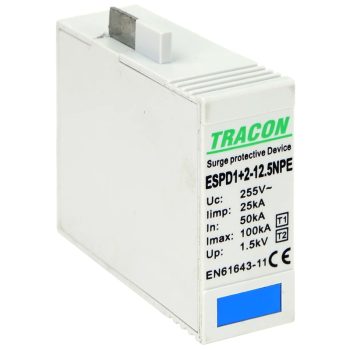   Tracon ESPD1+2-12.5NPE T1+T2 AC típusú túlfeszültség levezető betét 12.5 NPE Uc:275V; Iimp:12,5kA; In:20/40kA; Imax:50kA; Up:1,3kV