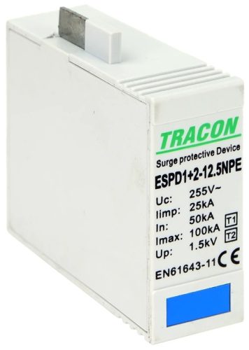 Tracon ESPD1+2-12.5NPE T1+T2 AC típusú túlfeszültség levezető betét 12.5 NPE Uc:275V; Iimp:12,5kA; In:20/40kA; Imax:50kA; Up:1,3kV