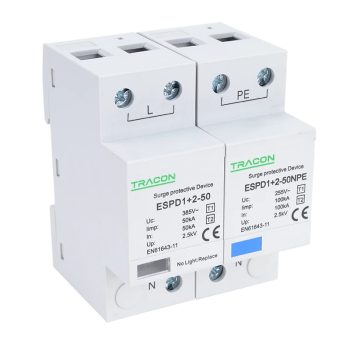   Tracon ESPD1+2-50-1+1P T1+T2 AC típusú túlfeszültség levezető, egybeépített Uc:385V; Iimp:50/100kA; In:50/100kA; Up:2,5kV; 1+1P