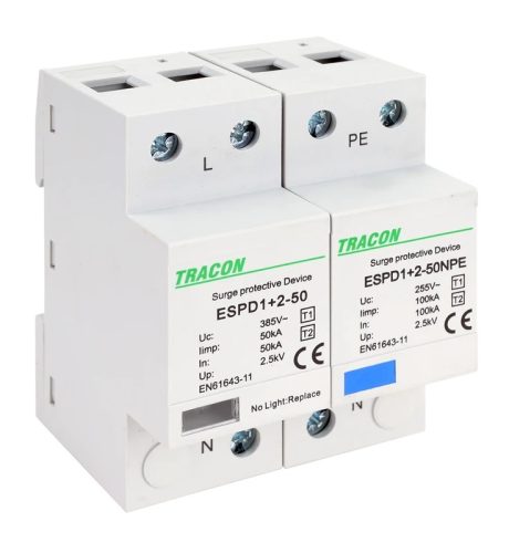 Tracon ESPD1+2-50-1+1P T1+T2 AC típusú túlfeszültség levezető, egybeépített Uc:385V; Iimp:50/100kA; In:50/100kA; Up:2,5kV; 1+1P