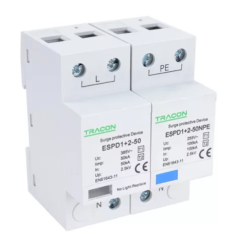 Tracon ESPD1+2-50-1+1P T1+T2 AC típusú túlfeszültség levezető, egybeépített Uc:385V; Iimp:50/100kA; In:50/100kA; Up:2,5kV; 1+1P