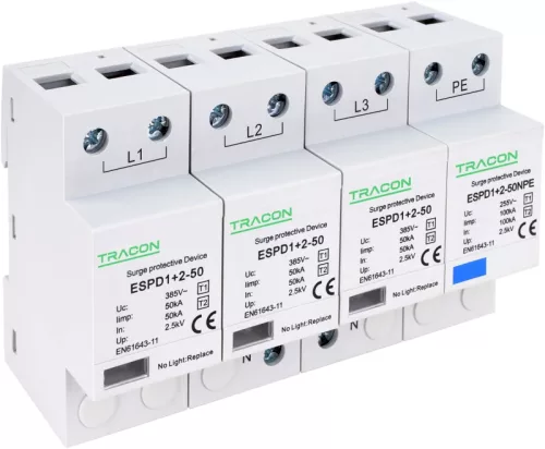 Tracon ESPD1+2-50-3+1P T1+T2 AC típusú túlfeszültség levezető, egybeépített Uc:385V; Iimp:50/100kA; In:50/100kA; Up:2,5kV; 3+1P