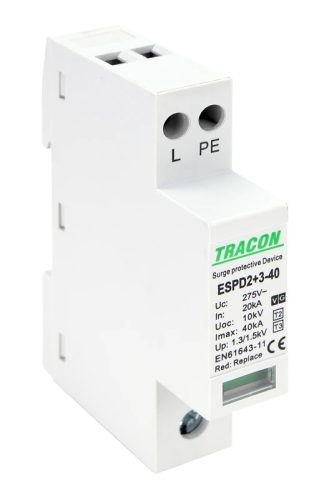 Tracon ESPD2+3-40-1+1P T2+T3 AC típusú túlfeszültség levezető, egybeépített Uc:275V; In:20kA; Imax40kA; Uoc:10kV; Up:1,3/1,5kV; 1+1P