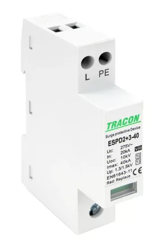 Tracon ESPD2+3-40-1+1P T2+T3 AC típusú túlfeszültség levezető, egybeépített Uc:275V; In:20kA; Imax40kA; Uoc:10kV; Up:1,3/1,5kV; 1+1P