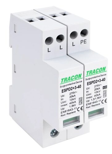 Tracon ESPD2+3-40-3+1P T2+T3 AC típusú túlfeszültség levezető, egybeépített Uc:275V; In:20kA; Imax40kA; Uoc:10kV; Up:1,3/1,5kV; 3+1P