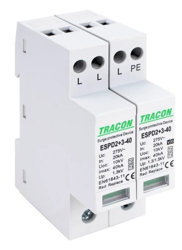 Tracon ESPD2+3-40-3+1P T2+T3 AC típusú túlfeszültség levezető, egybeépített Uc:275V; In:20kA; Imax40kA; Uoc:10kV; Up:1,3/1,5kV; 3+1P