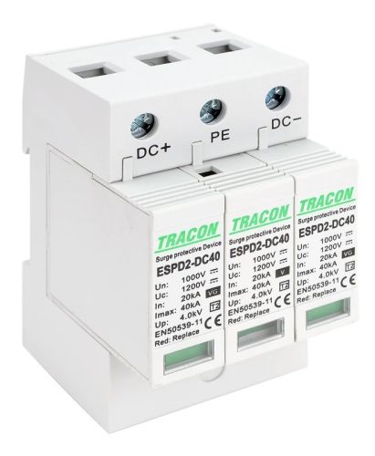 Tracon ESPD2-DC40-1000 T2 DC típusú túlfeszültség levezető, cserélhető betéttel Ucpv: 1200V; In:20kA; Imax:40kA; Up:4kV