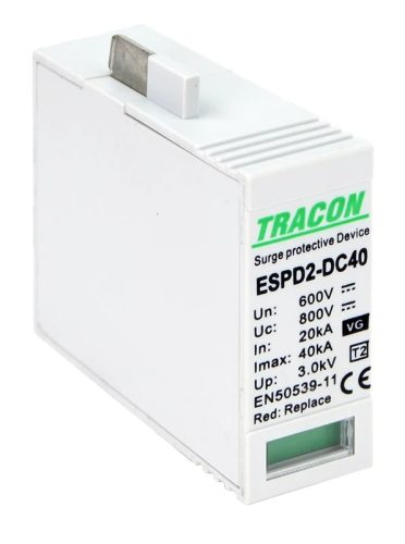 Tracon ESPD2-DC40-600VG T2 DC típusú VG túlfeszültség levezető betét 600V Ucpv: 800V; In:20kA; Imax:40kA; Up:2,6kV; Var+GTD