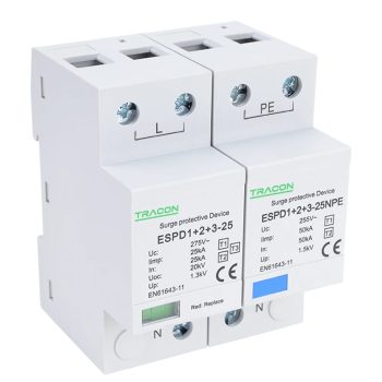  Tracon ESPD1+2+3-25-1+1P T1+T2+T3 AC típusú túlfeszültség levezető, egybeépített Uc:275V; Iimp:25/100kA; In:25/100kA; Uoc:20kV; Up:1,3kV; 1+1