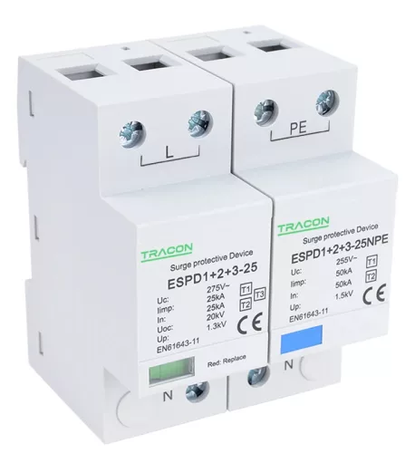 Tracon ESPD1+2+3-25-1+1P T1+T2+T3 AC típusú túlfeszültség levezető, egybeépített Uc:275V; Iimp:25/100kA; In:25/100kA; Uoc:20kV; Up:1,3kV; 1+1