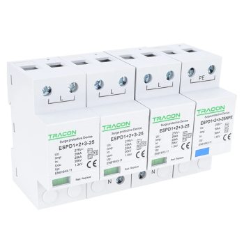   Tracon ESPD1+2+3-25-3+1P T1+T2+T3 AC típusú túlfeszültség levezető, egybeépített Uc:275V; Iimp:25/100kA; In:25/100kA; Uoc:20kV; Up:1,3kV; 1+3