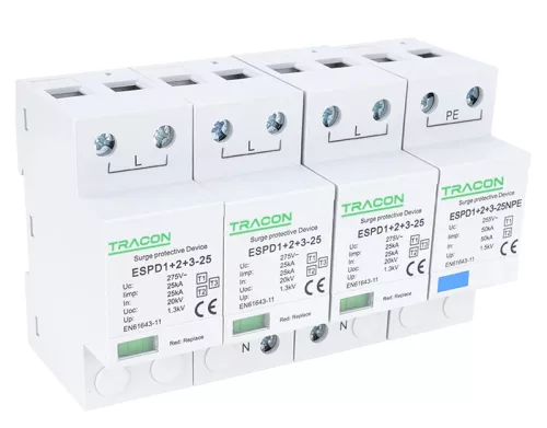 Tracon ESPD1+2+3-25-3+1P T1+T2+T3 AC típusú túlfeszültség levezető, egybeépített Uc:275V; Iimp:25/100kA; In:25/100kA; Uoc:20kV; Up:1,3kV; 1+3
