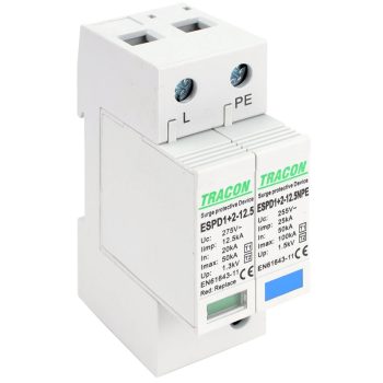   Tracon ESPD1+2-12.5-1+1P T1+T2 AC típusú túlfeszültség levezető, cserélhető betéttel Uc:275V; Iimp:12,5kA; In:20/40kA; Imax:50kA; Up:1,3kV; 1+1P