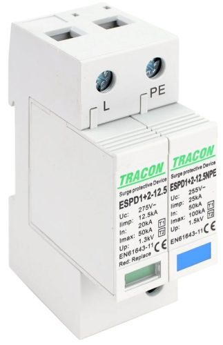 Tracon ESPD1+2-12.5-1+1P T1+T2 AC típusú túlfeszültség levezető, cserélhető betéttel Uc:275V; Iimp:12,5kA; In:20/40kA; Imax:50kA; Up:1,3kV; 1+1P
