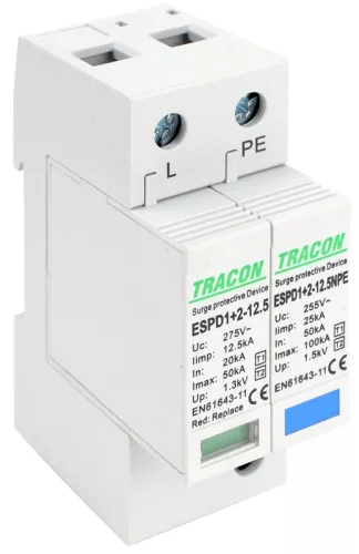 Tracon ESPD1+2-12.5-1+1P T1+T2 AC típusú túlfeszültség levezető, cserélhető betéttel Uc:275V; Iimp:12,5kA; In:20/40kA; Imax:50kA; Up:1,3kV; 1+1P