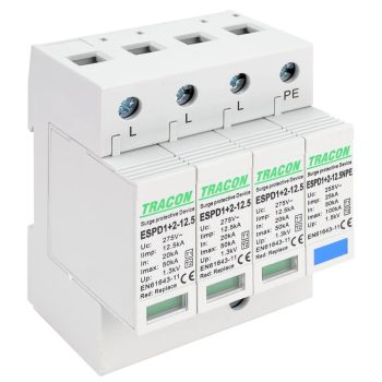   Tracon ESPD1+2-12.5-3+1P T1+T2 AC típusú túlfeszültség levezető, cserélhető betéttel Uc:275V; Iimp:12,5kA; In:20/40kA; Imax:50kA; Up:1,3kV; 3+1P