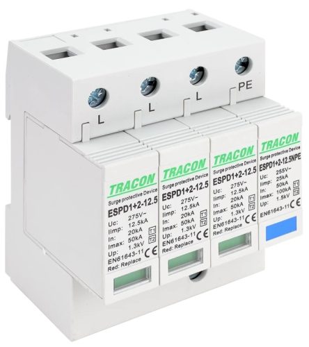 Tracon ESPD1+2-12.5-3+1P T1+T2 AC típusú túlfeszültség levezető, cserélhető betéttel Uc:275V; Iimp:12,5kA; In:20/40kA; Imax:50kA; Up:1,3kV; 3+1P