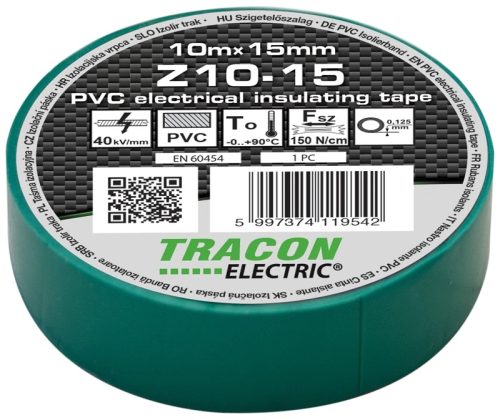 Tracon Z10-15, Szigetelőszalag, zöld 10m×15mm, PVC, 0-90°C, 40kV/mm