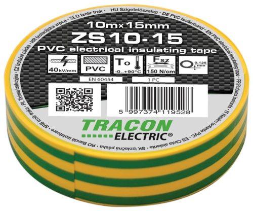 Tracon ZS10-15, Szigetelőszalag, zöld/sárga 10m×15mm, PVC, 0-90°C, 40kV/mm