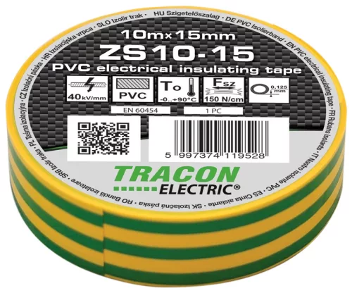 Tracon ZS10-15 PVC szigetelőszalag zöld-sárga 10m 15mm