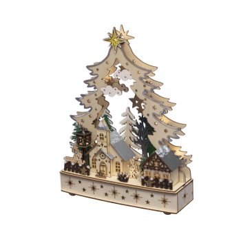   HOME KAD26 karácsonyi falu asztali dísz, beltéri kivitel, 12 db melegfehér LED, lézerrel kivágott fa motívumok