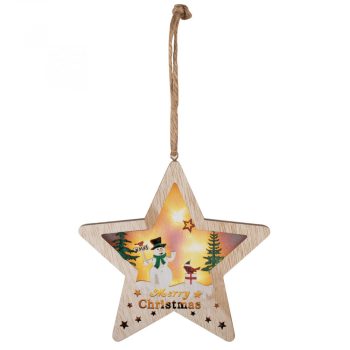  HOME KLW 17 S Fa ablak-, ajtódísz, csillag hóemberrel, melegfehér LED, beltéri, fa ablak-, ajtódísz, csillag, hóember figurával