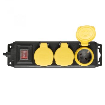   HOME NVO 03K/BK hálózati elosztó, kapcsolós,3 aljzattal, 1,5 méteres gumikábellel, IP44, fekete-sárga színbe