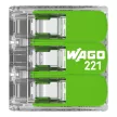 Wago 221-423 GREEN vezeték összekötő 3 x 0,2-4mm2 -es tömör és sodrott vezetékhez, oldható, lapos kivitel, átlátszó házban (újrahasznosított anyagból készült)